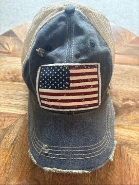 HEADMOST Distressed Denim Soft Mesh Back Trucker Cap American Flag Patch NWOT